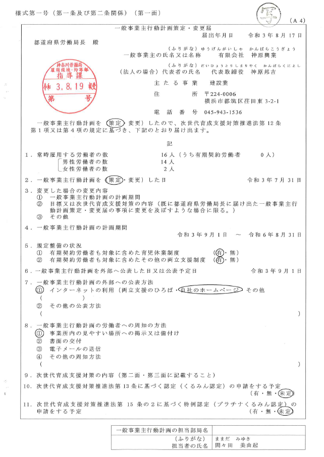 一般事業主行動計画（次世代育成推進）